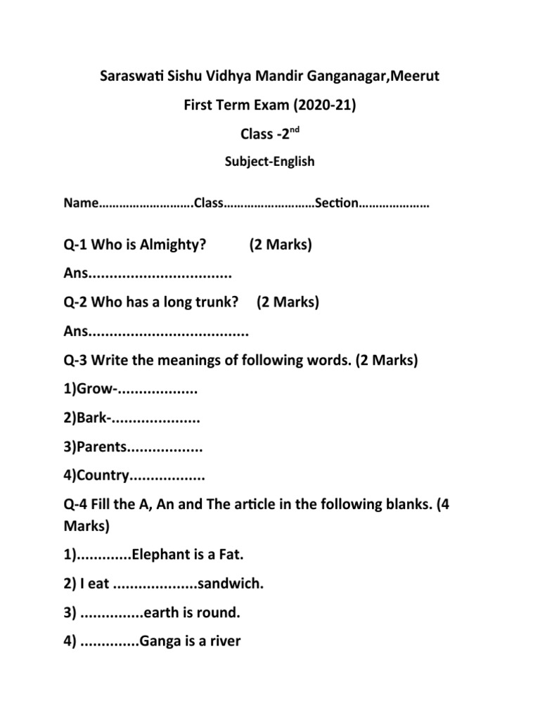 Class 2 English Paper PDF