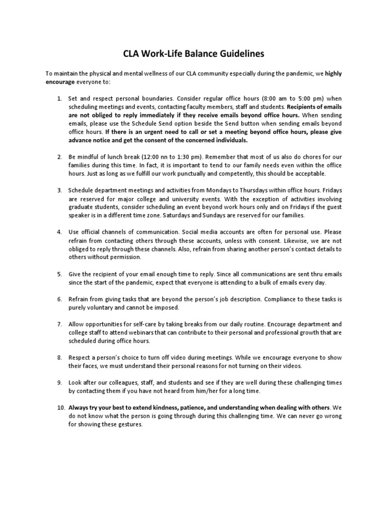 CLA Work-Life Balance Tips | PDF | Communication
