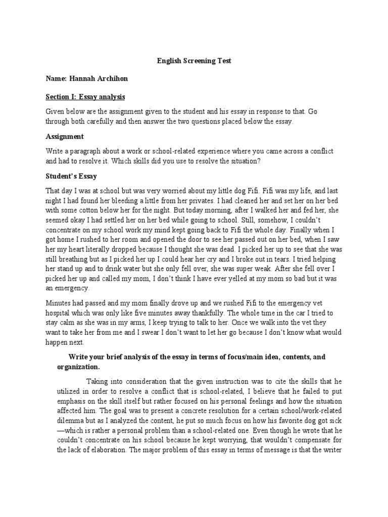 English Screening Test Name: Hannah Archihon Section I: Essay Analysis ...