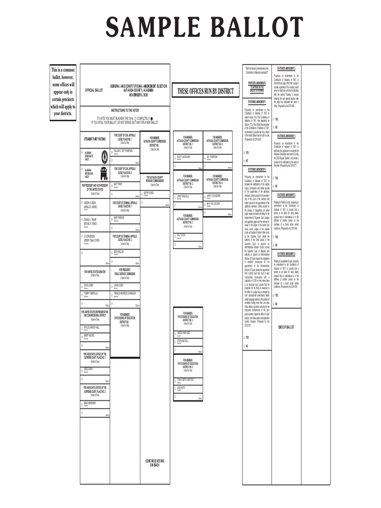 Sample Ballot For Nov. 3, 2020 General Election in Autauga County, Ala