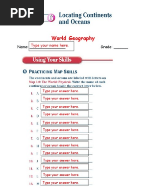 World Geography Lesson 6 Locating Continents And Oceans Worksheet
