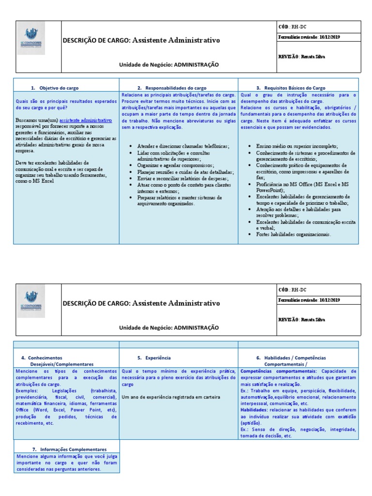 Descrição de Cargo: Assistente Administrativo | PDF | Gestão de ...