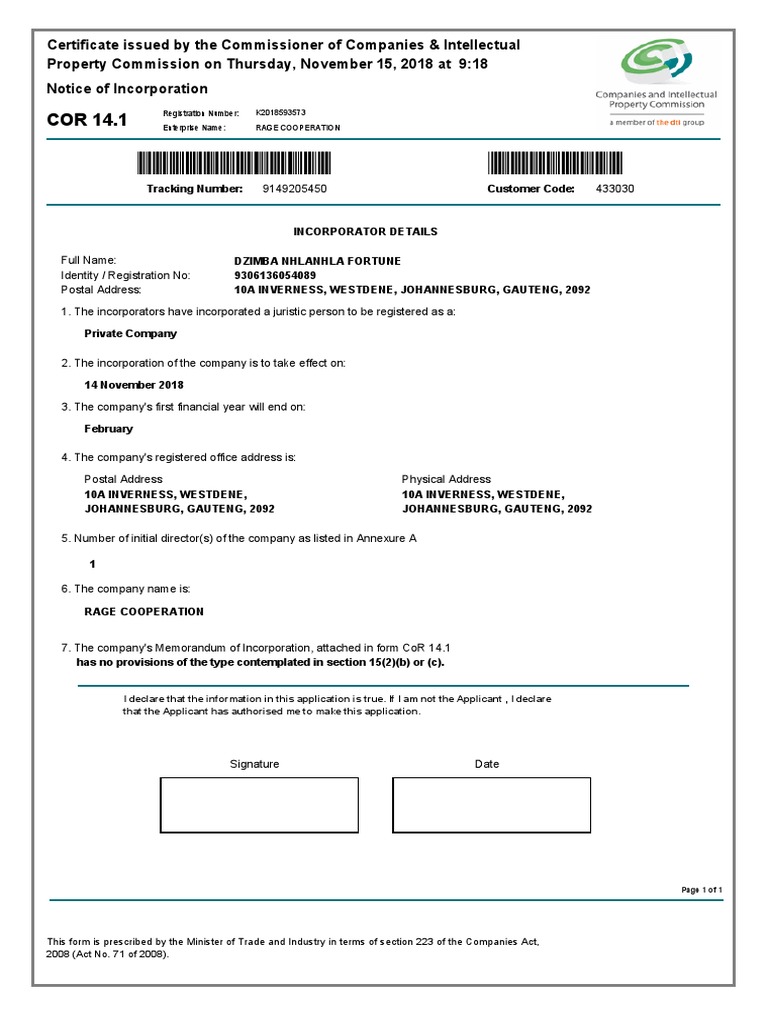 COR 14.1 Registration for RAGE COOPERATION | PDF