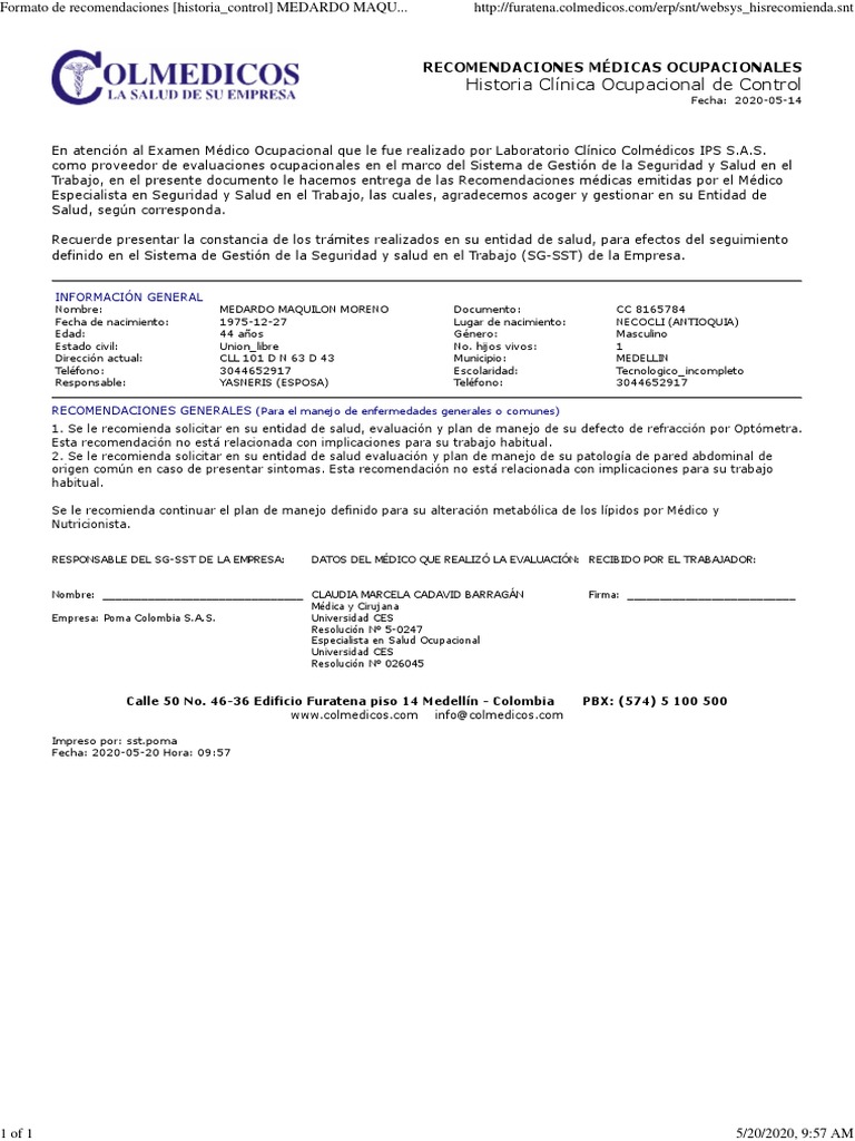 Formato de Recomendaciones 2020 MEDARDO MAQUILON PDF | PDF | Medicina ...