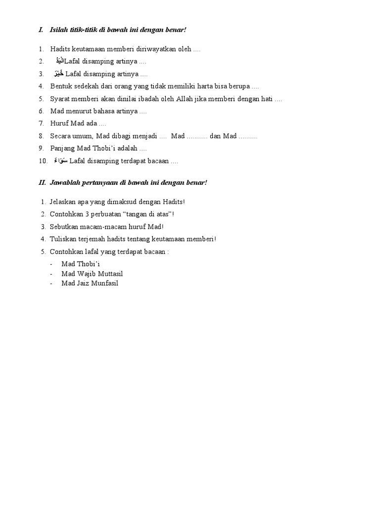 Contoh Soal Al Qur An Hadits Kelas 6 Hadits Keutamaan Memberi Docx