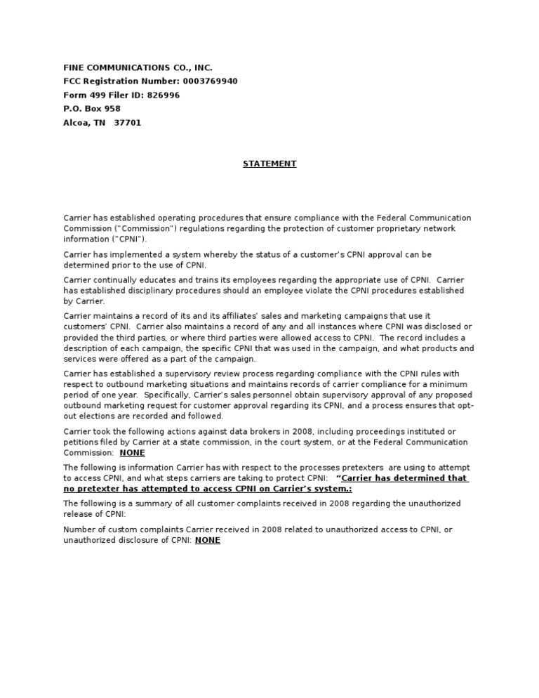Fine Communications Co Inc Fcc Registration Number 0003769940 Form