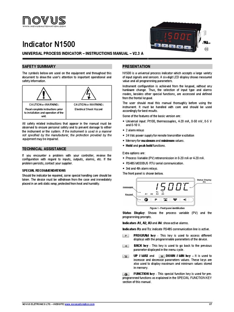Novus N1500 Universal Process Indicator Manual | PDF | Parameter ...