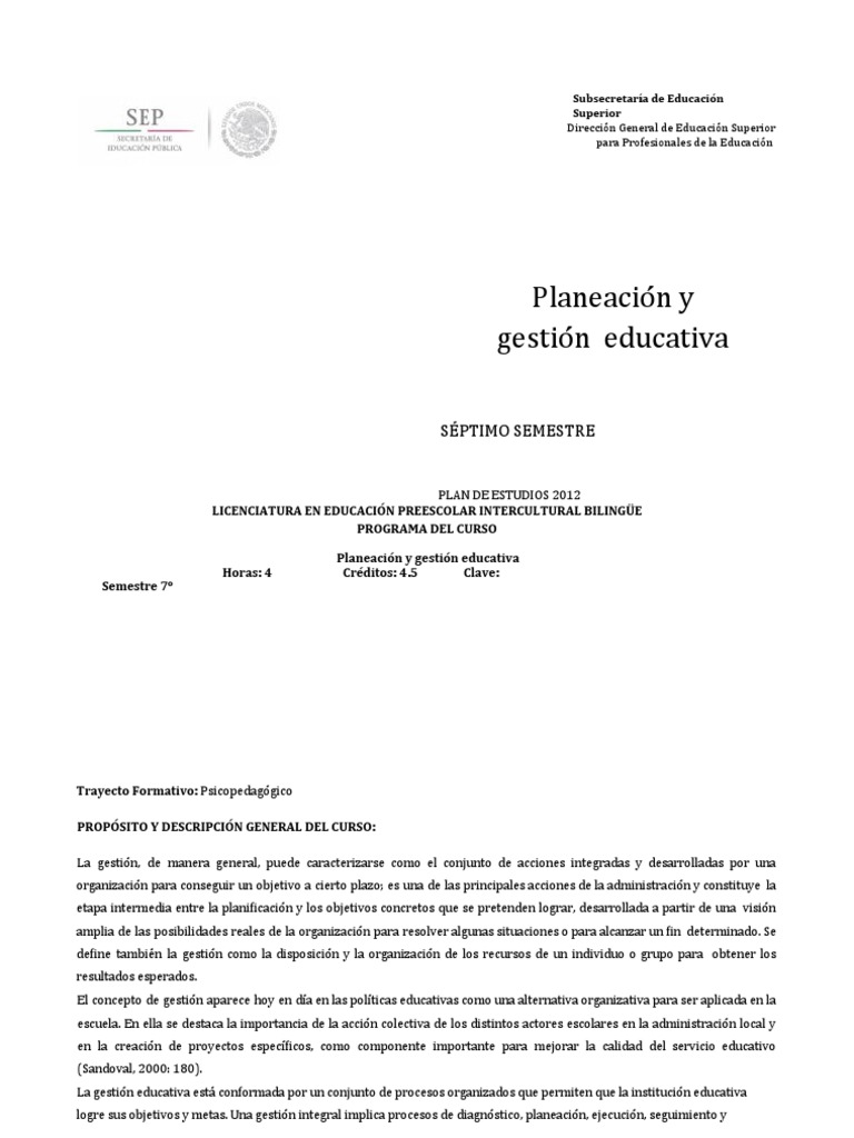 Planeación y Gestión Educativa en Preescolar | PDF | Planificación ...
