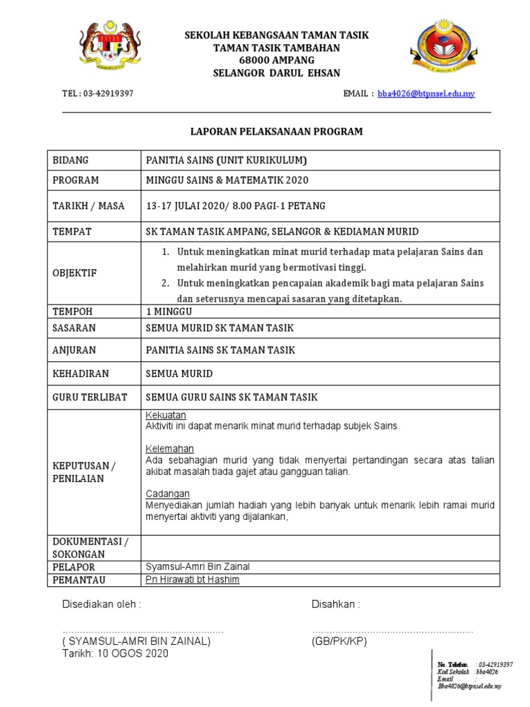 Contoh Laporan Minggu Sains 2020 Pdf