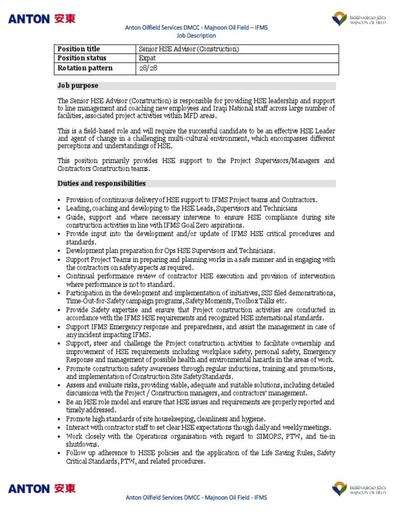 Senior Hse Advisor Construction Jd 1568113043 | Pdf | Occupational Safety  And Health | Safety