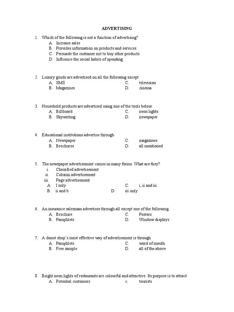 Advertising MCQ PDF Newspapers Advertising