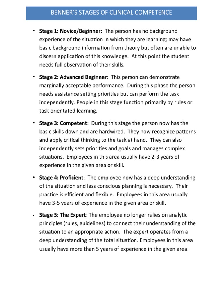 Benner's Clinical Competence Stages | PDF