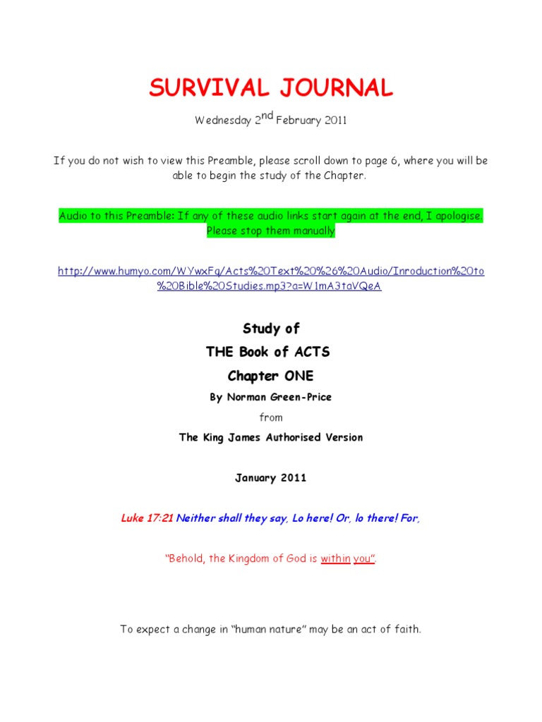 Survival Journal Acts 1a With Preamble & CH 1 | PDF | Baptism | John ...