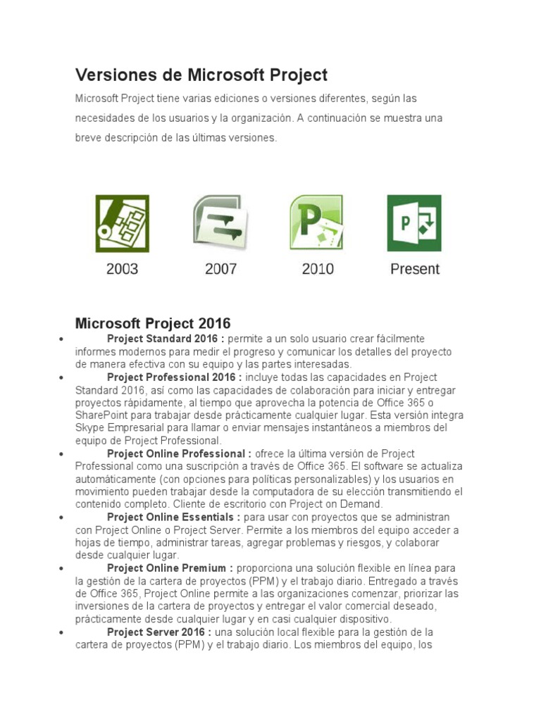 Versiones y características de Microsoft Project | PDF | Microsoft ...