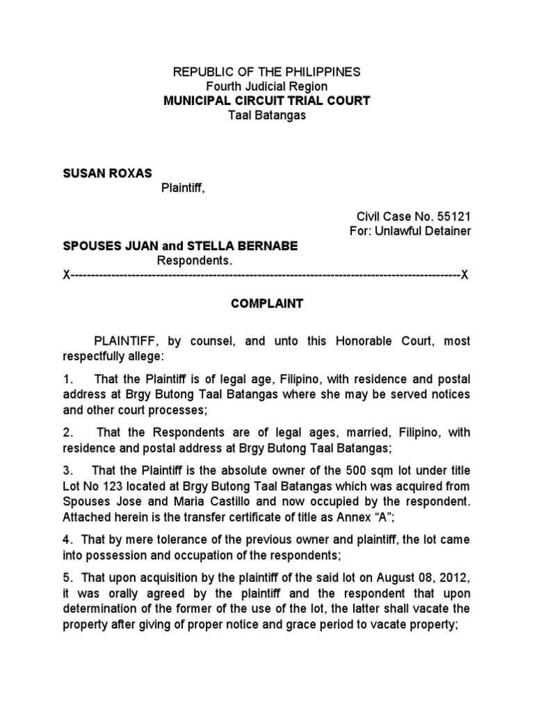 Unlawful Detainer Complaint: Roxas vs. Bernabe | PDF | Lawsuit ...