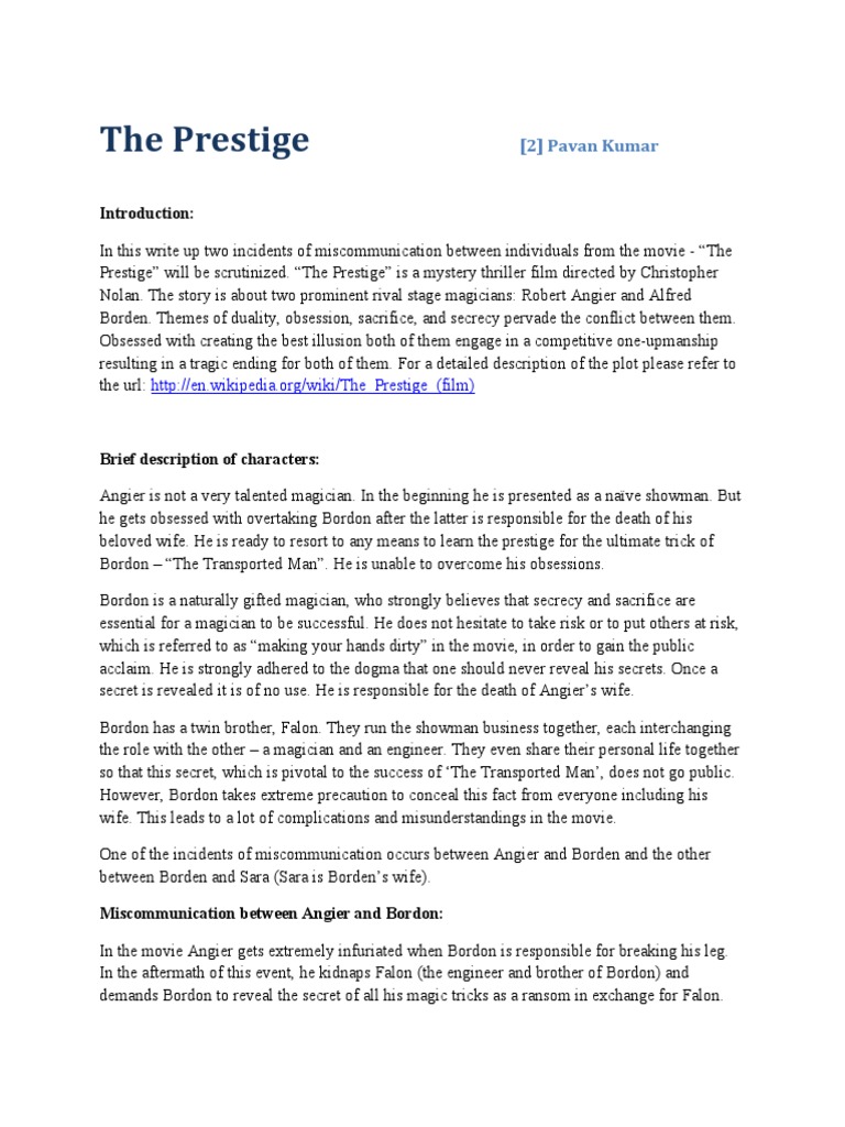Miscommunication in The Prestige Film | PDF | Self-Improvement ...