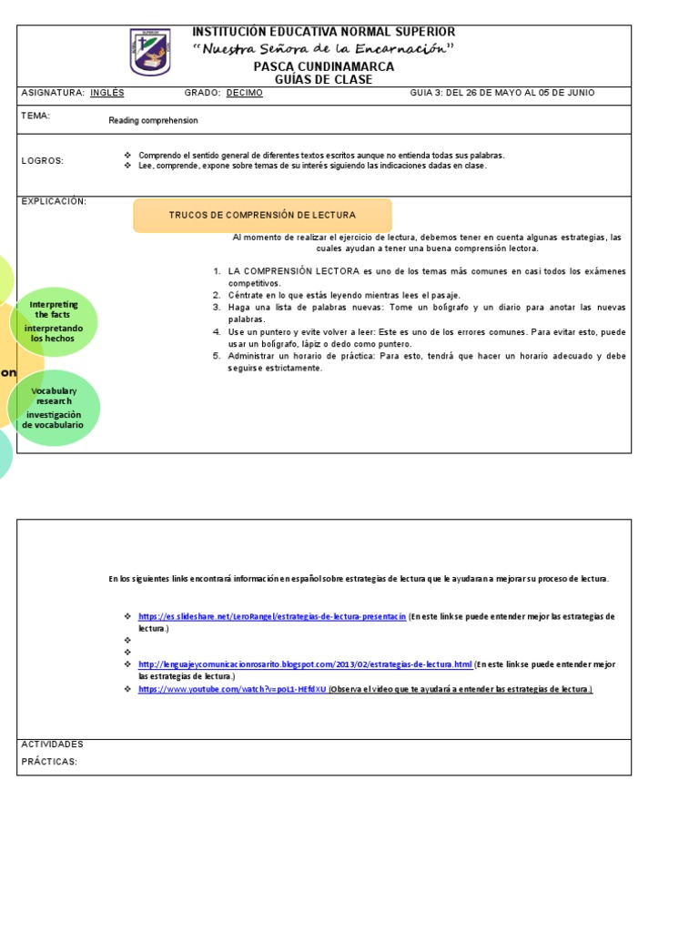 INGLÉS DÉCIMO GUIA 3RESUELTA (pARTE) PDF Comprensión lectora