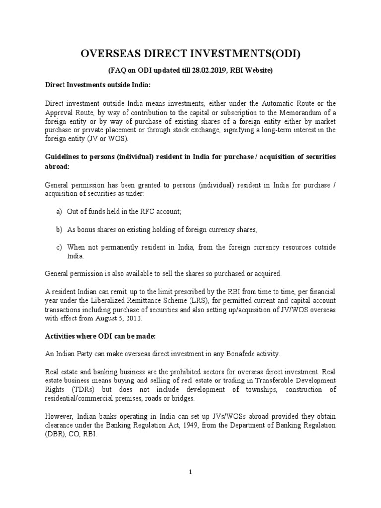 ODI Guidelines and FAQs by RBI | PDF | Bonds (Finance) | Joint Venture