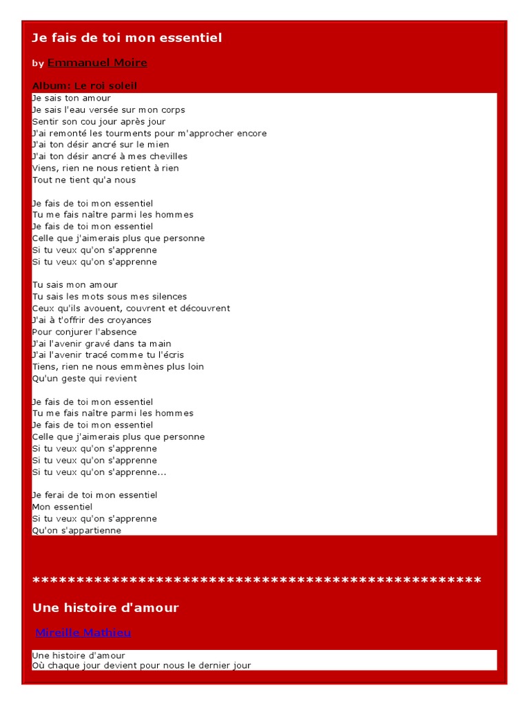 Parole Je Fais De Toi Mon Essentiel Je Fais de Toi Mon Essentiel: Emmanuel Moire | PDF | Roméo et Juliette |  Esmeralda (Le Bossu de Notre-Dame)