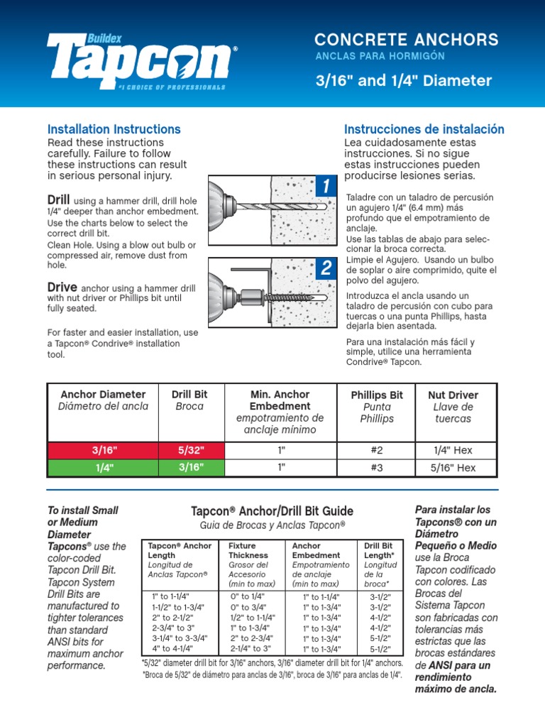 Tapcon Installation Instructions 316and14 PDF Artes Decorativas