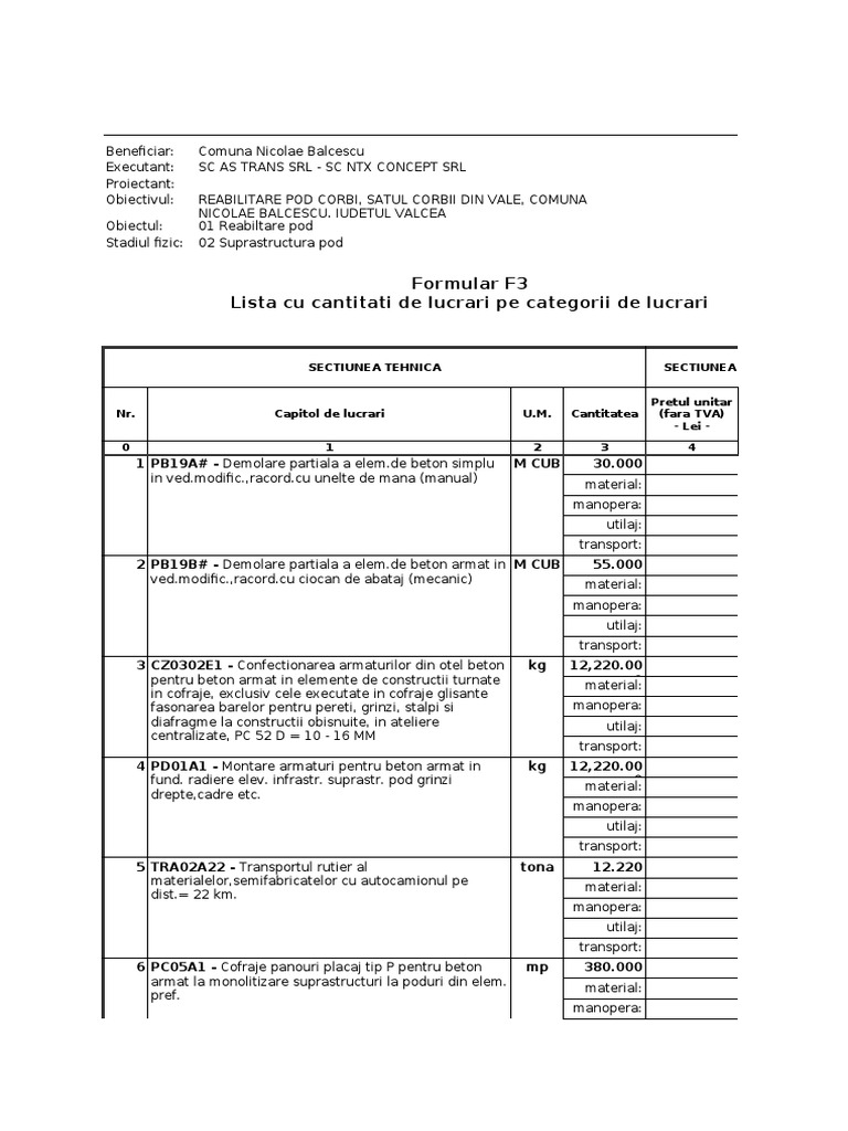 01 02 Suprastructura Pod F3 Lista Cantitati | PDF
