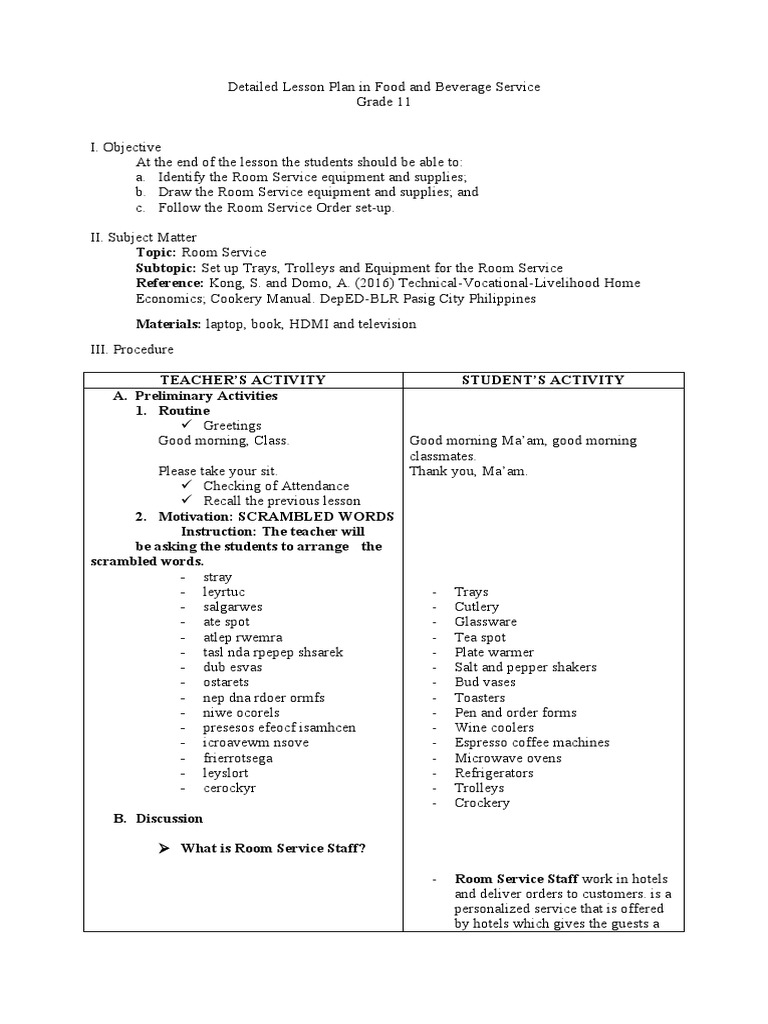 Room Service Lesson Plan for Grade 11 | PDF | Food And Drink | Foods