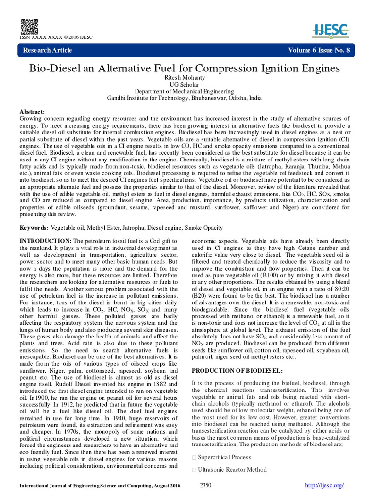 Bio Diesel An Alternative Fuel For Compression Ignition Engines R