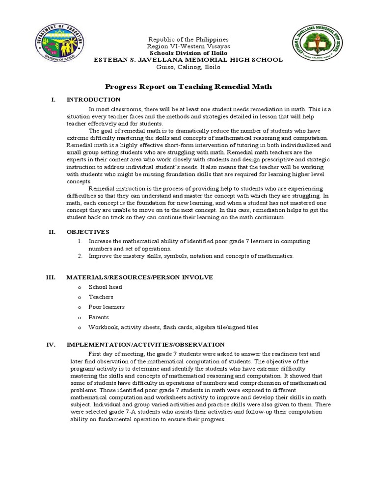 Remedial Math Progress Report 2017-2018 | PDF | Teachers | Learning