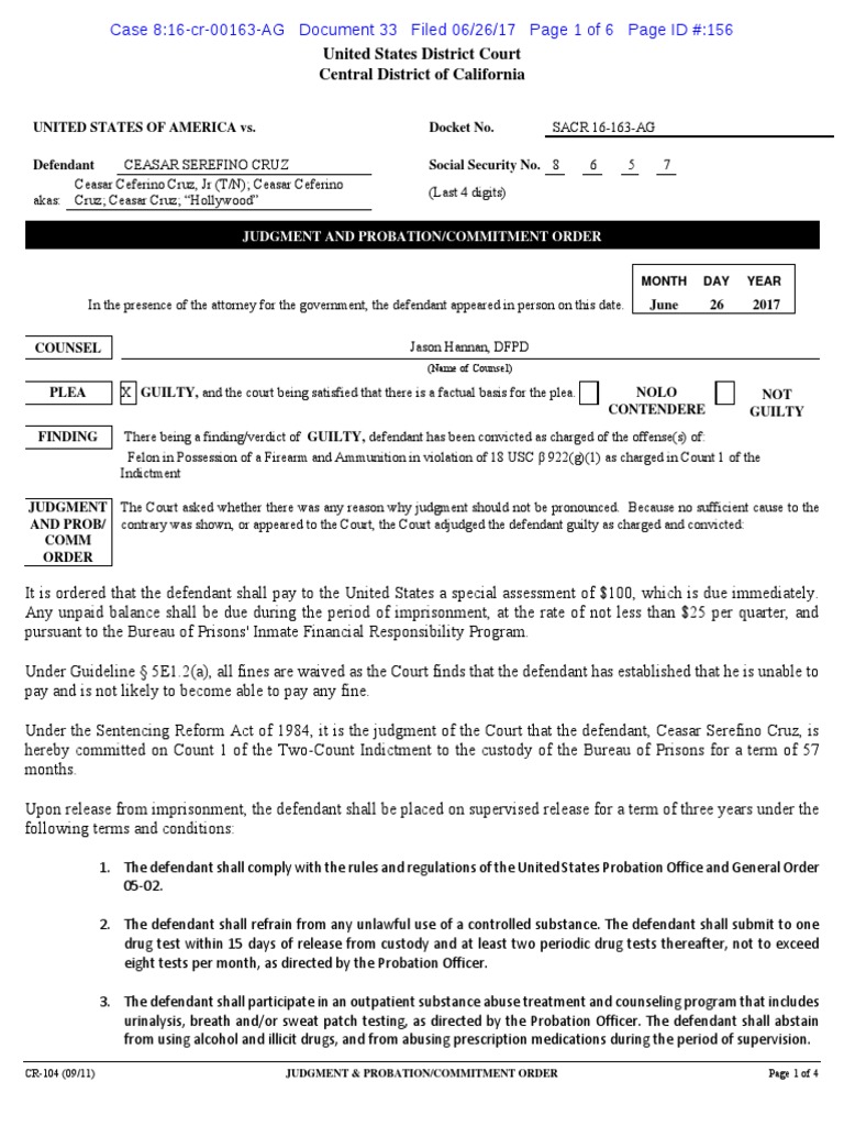 United States District Court Central District of California: Judgment ...