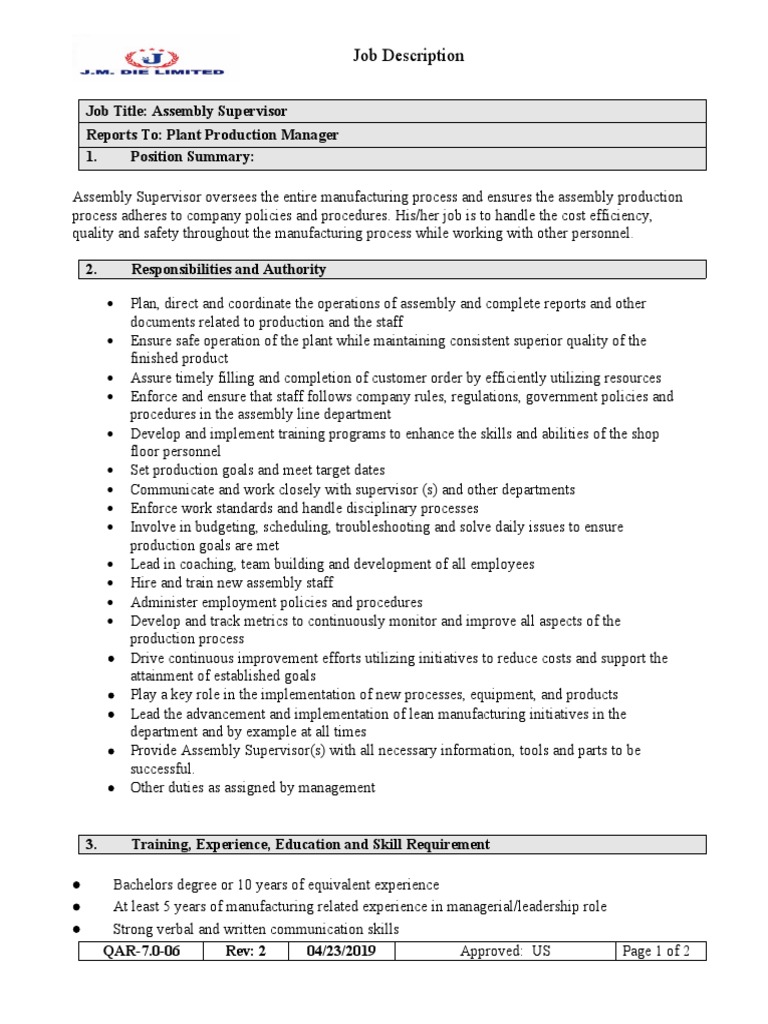 Assembly Supervisor Job Overview | PDF | Supervisor | Quality (Business)
