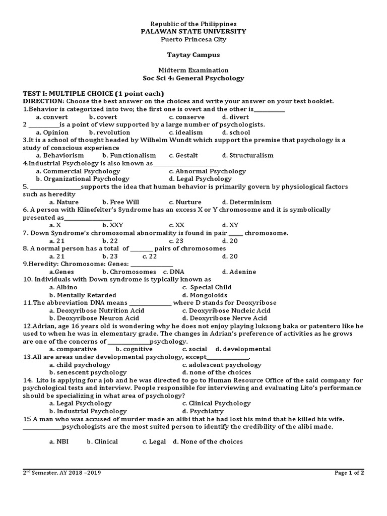 General Psychology Midterm Exam 2018 | PDF | Developmental Psychology ...