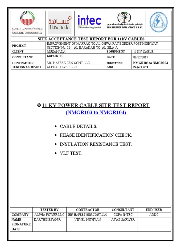11 KV Power Cable Site Test Report: (NMGR103 To NMGR104) | PDF | Force ...