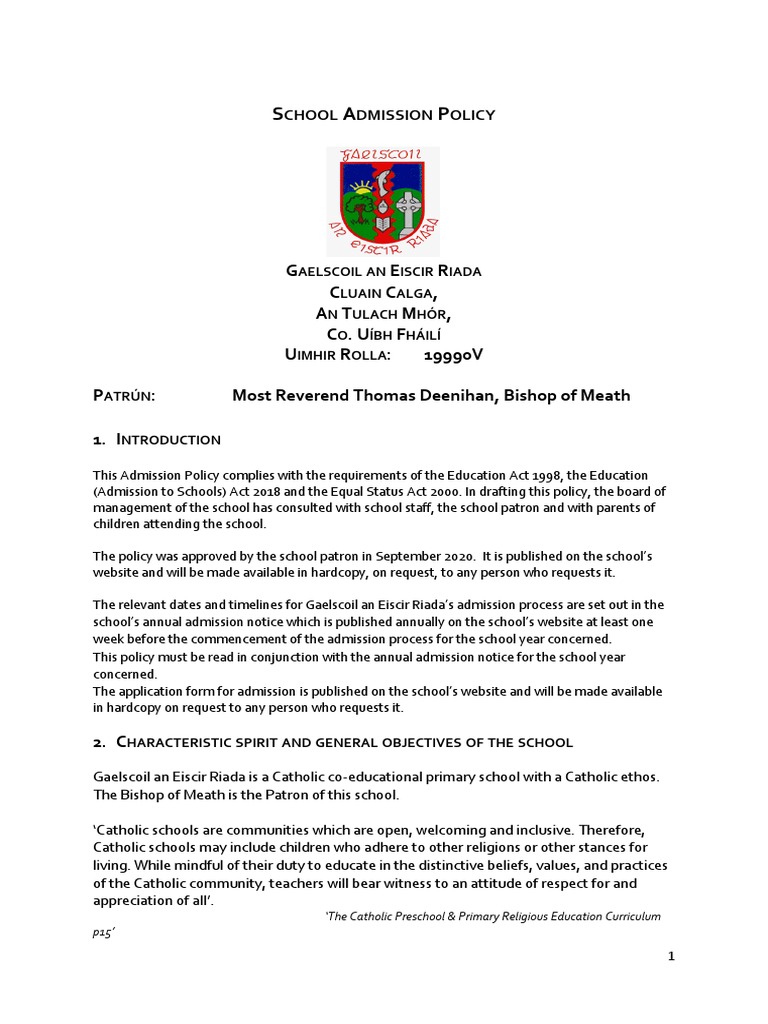 Gaelscoil an Eiscir Riada Admission Policy | PDF | University And ...