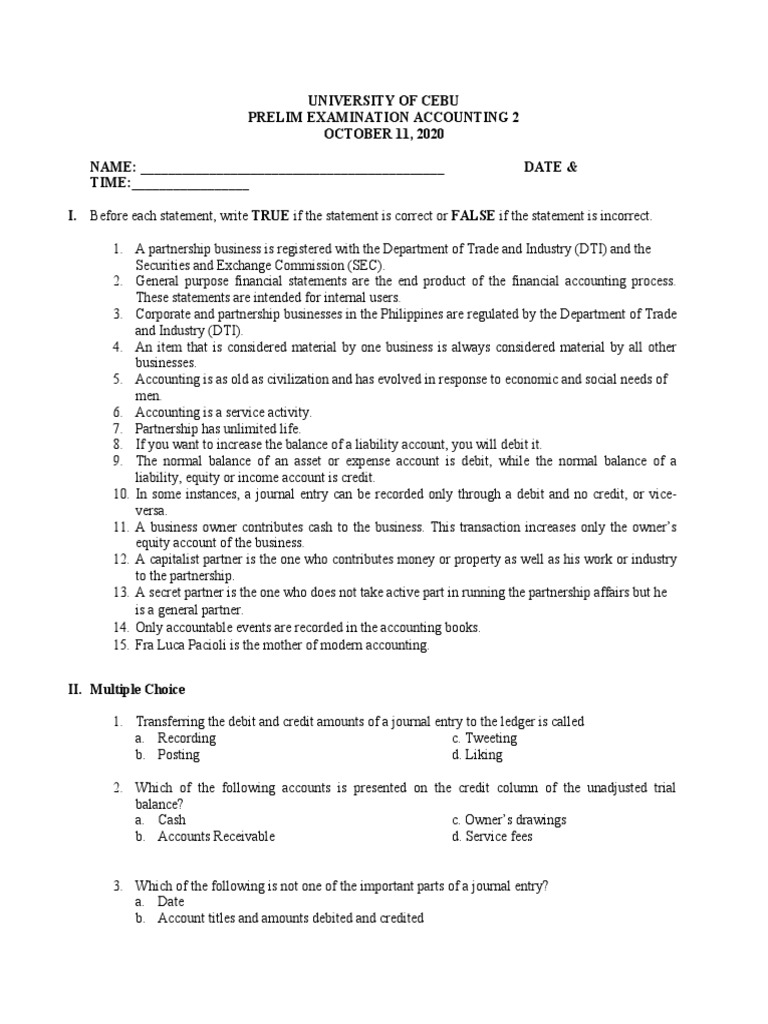 Accounting 2 Prelim Exam Paper | PDF | Debits And Credits | Partnership