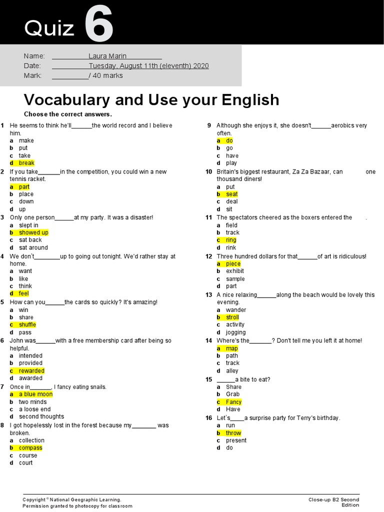 B2 Editable Quiz 6 - 0 - Vocabulary | PDF
