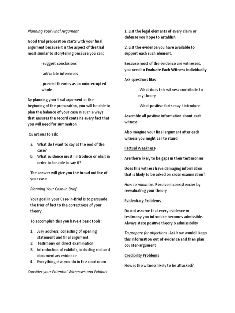 Final Argument Planning for Trials | PDF | Witness | Evidence
