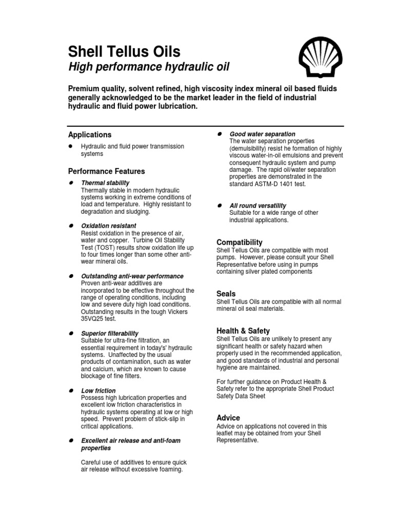 Shell Tellus Oils High Performance Hydraulic Oil PDF Viscosity