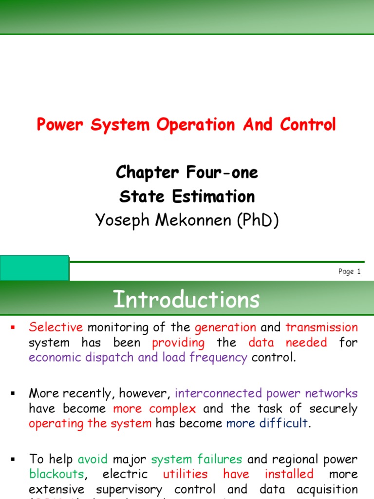 Power System Operation and Control: Chapter Four-One State Estimation ...