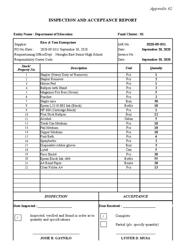 Appendix 62: Inspection Report for Supplies | PDF | Stationery | Office ...