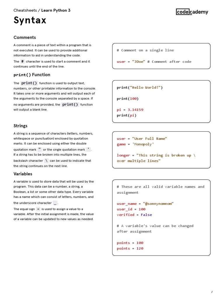 Learn Python 3 - Syntax Cheatsheet - Codecademy PDF | PDF