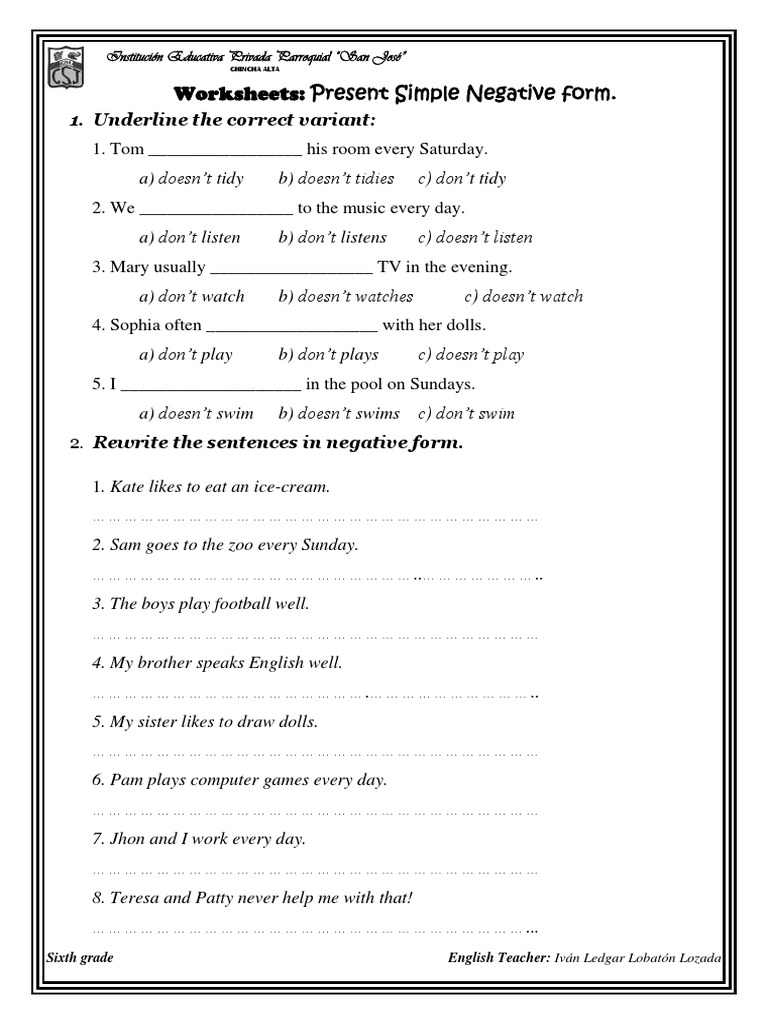 Present Simple Negative Form Worksheet | PDF