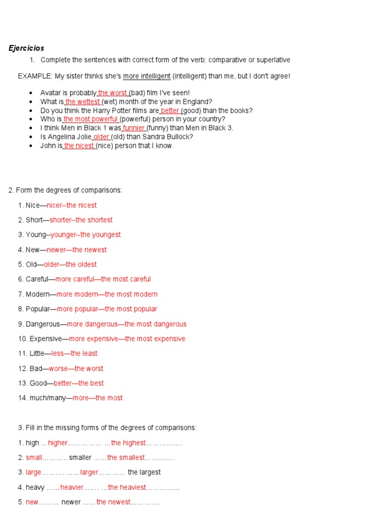 Ejercicios de Comparativos y Superlativos en Ingles (RESUELTOS ...