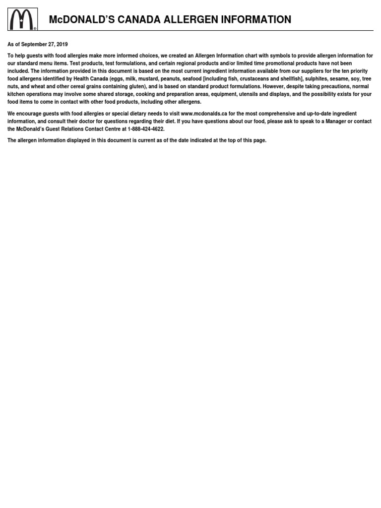 Mcdonald'S Canada Allergen Information | PDF | Food Allergy | Foods