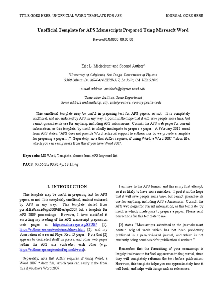 Unofficial Template For APS Manuscripts Prepared Using Microsoft Word ...