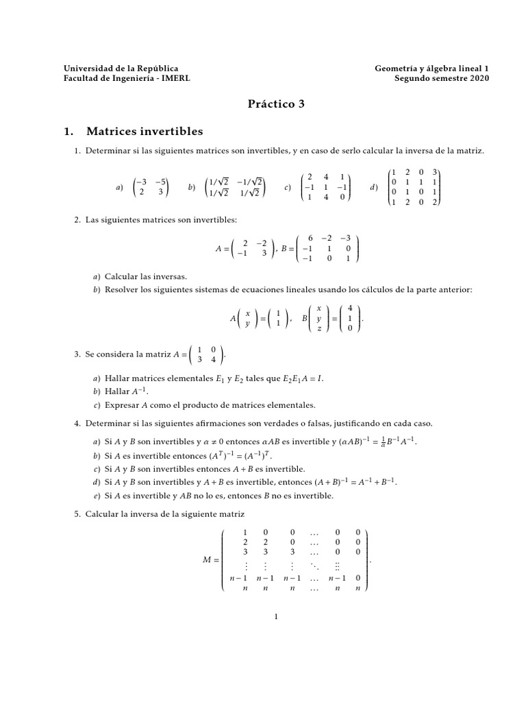 Propiedades de Matrices Invertibles | PDF | Matriz (Matemáticas ...