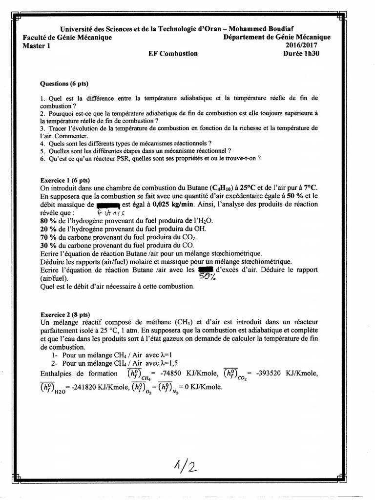 Questions et exercices sur la combustion | PDF | Atmosphère de la Terre ...