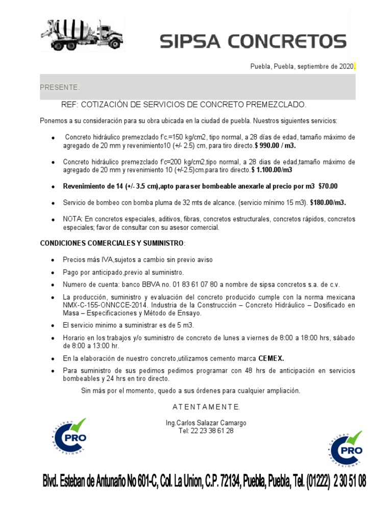 Cotización de Concreto Premezclado en Puebla | PDF