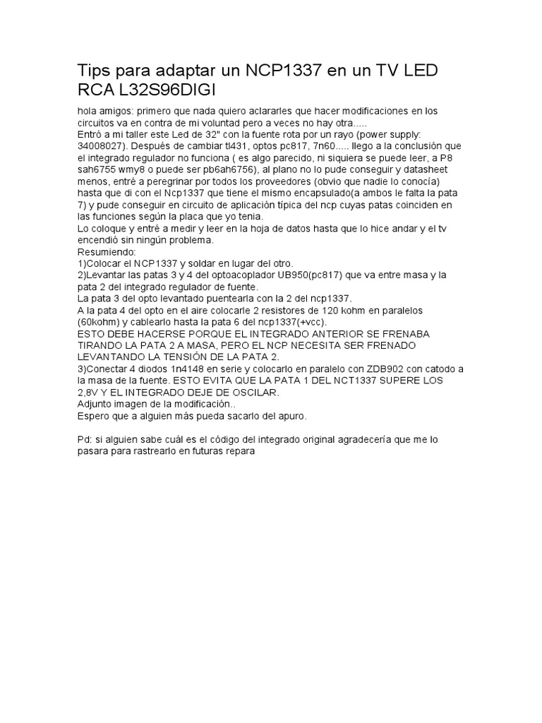 Tips para Adaptar Un NCP1337 en Un TV LED RCA L32S96DIGI | PDF