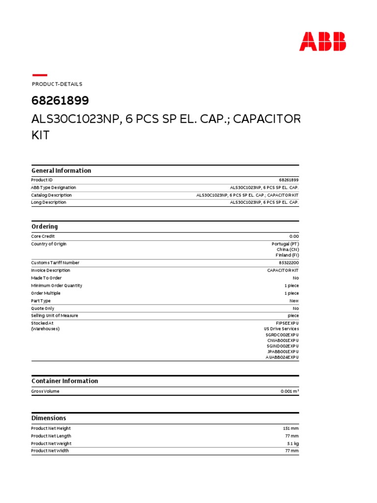 ABB Capacitor Kit ALS30C1023NP | PDF | Capacitor | Physical Quantities