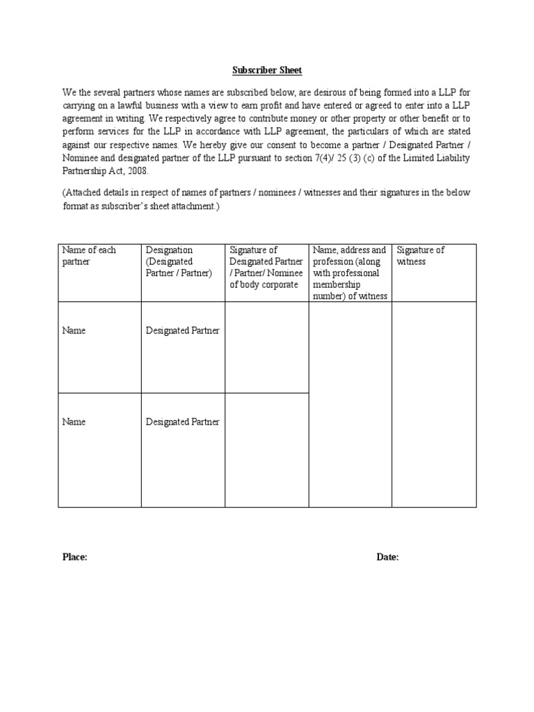 DRAFT Subscriber Sheet LLP | PDF